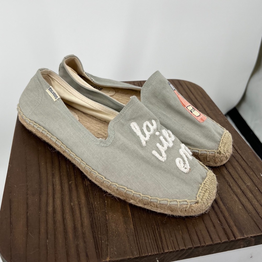 Soludos La Vie En Rose Espadrilles Sage Green Canvas Smoking Slippers 9.5